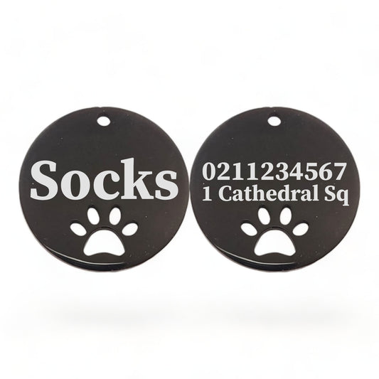 Name Front & 1 Number Address Back Round Paw Print | Mirror Stainless | Cat & Dog ID Pet Tag