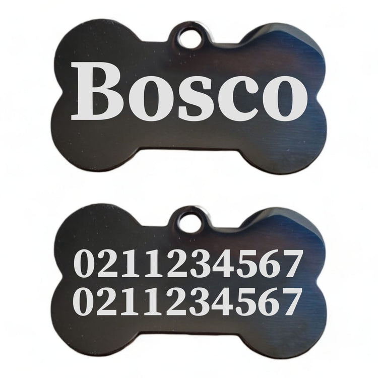 Name Front & 2 Numbers Back | Mirror Stainless | Bone Dog ID Pet Tag