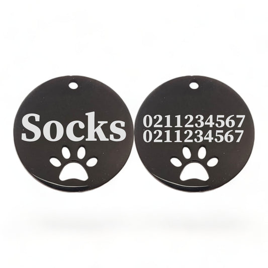 Name Front & 2 Numbers Back Round Paw Print | Mirror Stainless | Cat & Dog ID Pet Tag