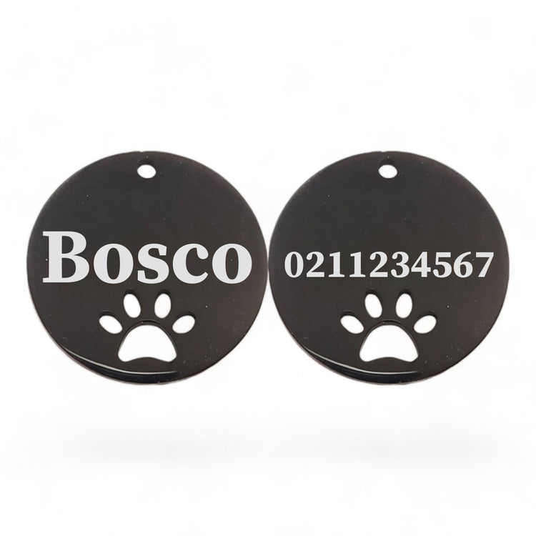 Name Front & Number Back Round Paw Print | Mirror Stainless | Cat & Dog ID Pet Tag