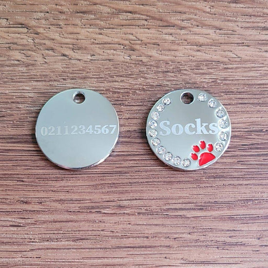 Bling Round Paw Print Cat ID Pet Tag - ⭐️Purr. Meow. Woof.⭐️