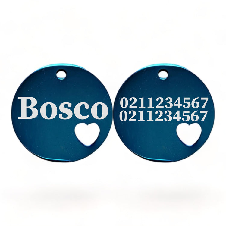 Name Front & 2 Numbers Back Round Heart | Mirror Stainless | Cat & Dog ID Pet Tag