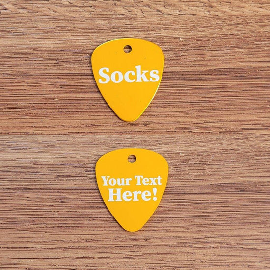 Custom Text Guitar Pick Cat, Kitten & Dog ID Pet Tag - ⭐️Purr. Meow. Woof.⭐️