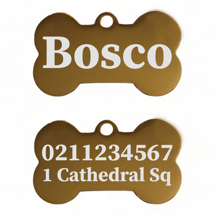 Name Front & 1 Number Address Back | Mirror Stainless | Bone Dog ID Pet Tag