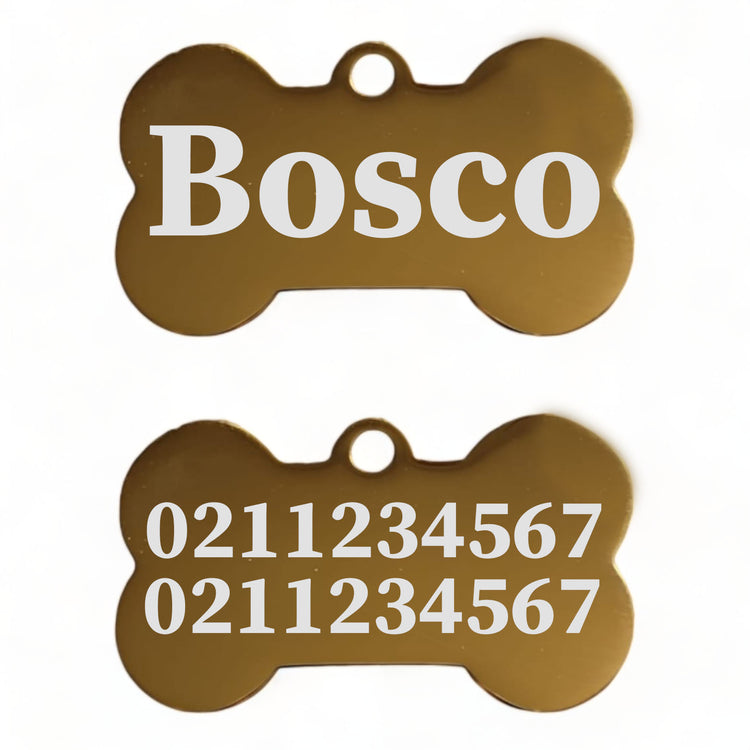 Name Front & 2 Numbers Back | Mirror Stainless | Bone Dog ID Pet Tag