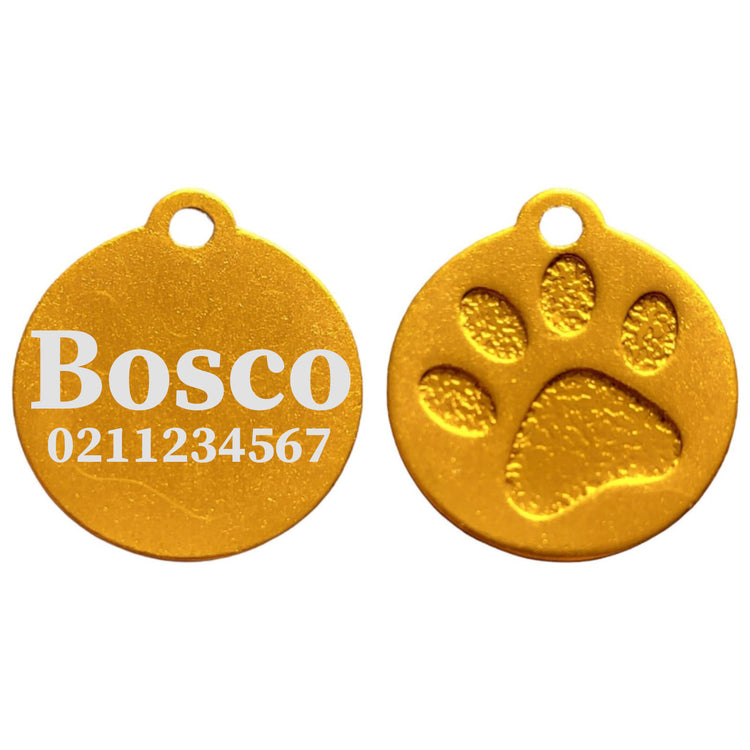 Name & Number Front Round | Paw Print Aluminium | Cat, Kitten & Dog ID Pet Tag