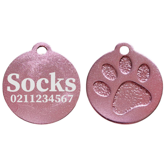 Name & Number Front Round | Paw Print Aluminium | Cat, Kitten & Dog ID Pet Tag