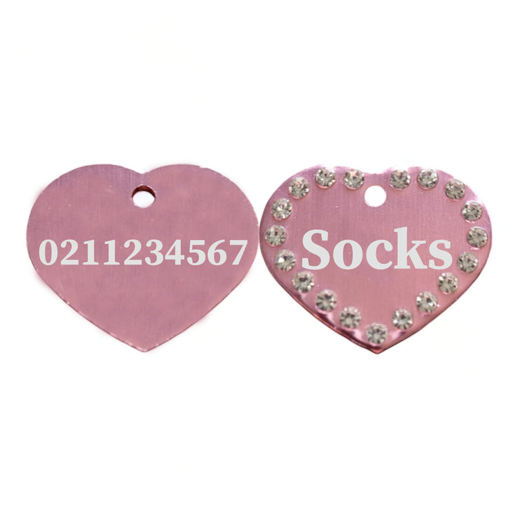 Name Front & Number Back | Bling Aluminum Heart | Cat & Dog ID Pet Tag