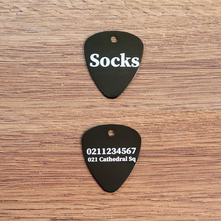Name Front & 1 Number & Address Back Guitar Pick Cat, Kitten & Dog ID Pet Tag - ⭐️Purr. Meow. Woof.⭐️