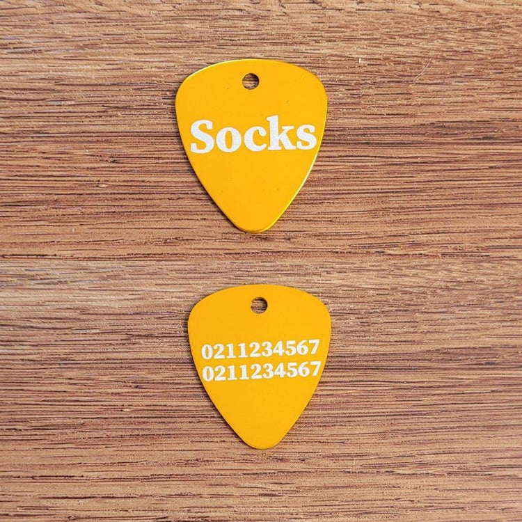 Name Front & 2 Numbers Back Guitar Pick Cat, Kitten & Dog ID Pet Tag - ⭐️Purr. Meow. Woof.⭐️