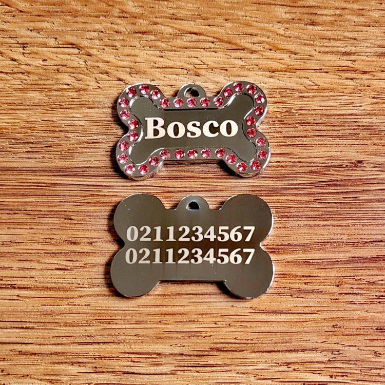 Name Front & 2 Numbers Back Sparkly Bone Dog ID Pet Tag - ⭐️Purr. Meow. Woof.⭐️