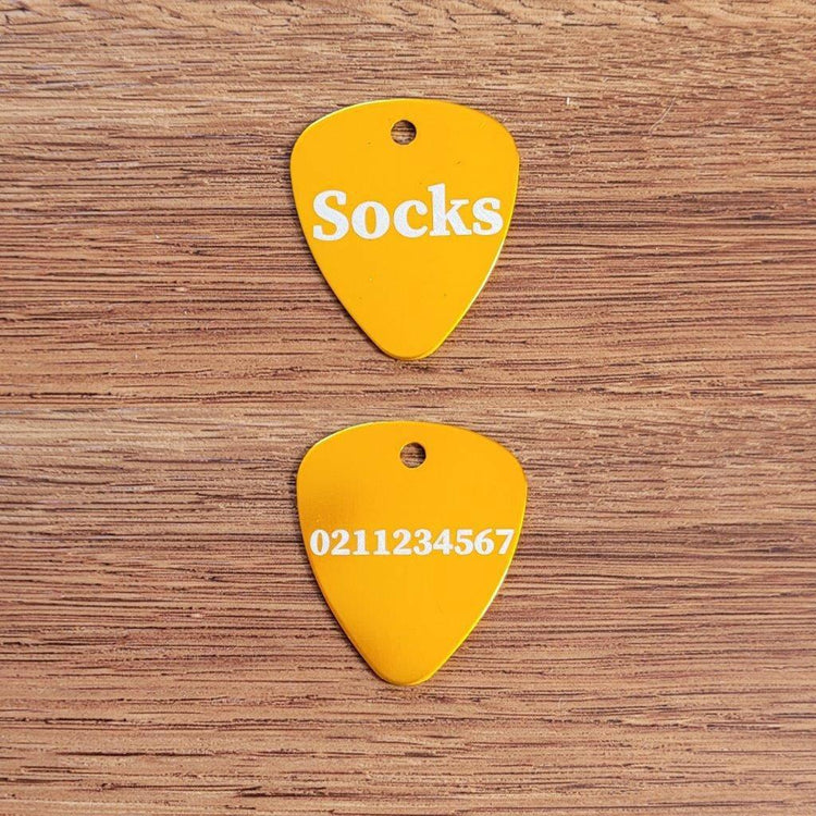 Name Front & Number Back Guitar Pick Cat, Kitten & Dog ID Pet Tag - ⭐️Purr. Meow. Woof.⭐️