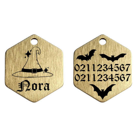 ⭐️Purr. Meow. Woof.⭐️ - Bewitched Brass Hexagon Cat & Dog ID Pet Tag - Small