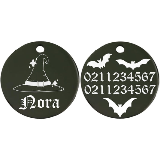 ⭐️Purr. Meow. Woof.⭐️ - Bewitched Round | Mirror Stainless | Cat & Dog ID Pet Tag - Black / Small (Cat)