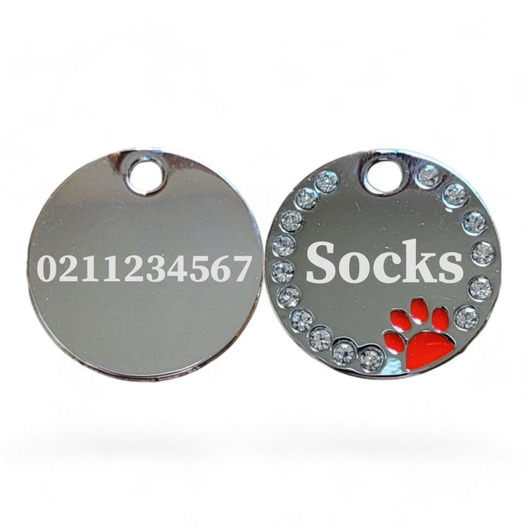 ⭐️Purr. Meow. Woof.⭐️ - Bling Round Paw Print Cat & Dog ID Pet Tag - FireBrick