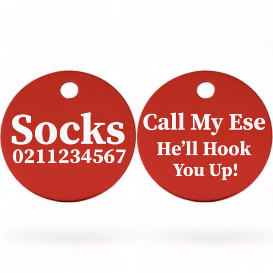 ⭐️Purr. Meow. Woof.⭐️ - Call My Ese He'll Hook You Up! | Round Aluminium | Cat & Kitten ID Pet Tag - Firebrick