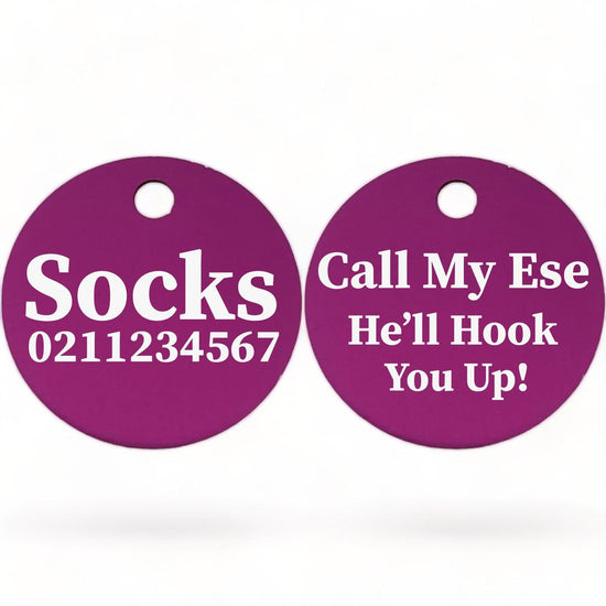 ⭐️Purr. Meow. Woof.⭐️ - Call My Ese He'll Hook You Up! | Round Aluminium | Cat & Kitten ID Pet Tag - Purple