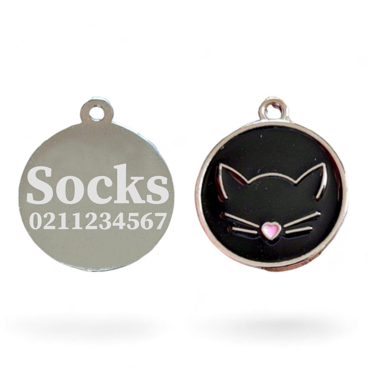 ⭐️Purr. Meow. Woof.⭐️ - Cat Face Round ID Pet Tag - Black