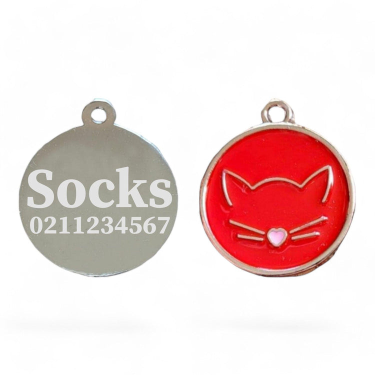 ⭐️Purr. Meow. Woof.⭐️ - Cat Face Round ID Pet Tag - Red