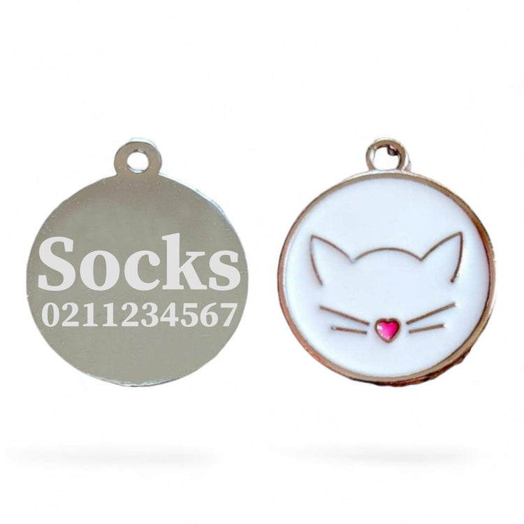 ⭐️Purr. Meow. Woof.⭐️ - Cat Face Round ID Pet Tag - White