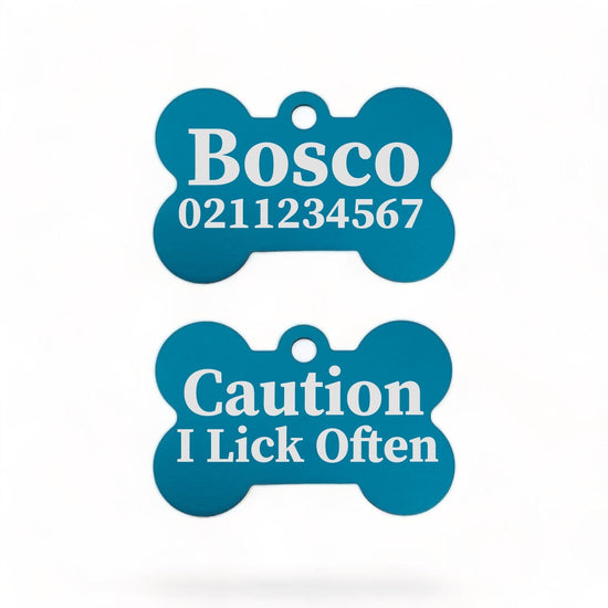 ⭐️Purr. Meow. Woof.⭐️ - Caution I Lick Often | Bone Aluminium | Dog ID Pet Tag - DodgerBlue