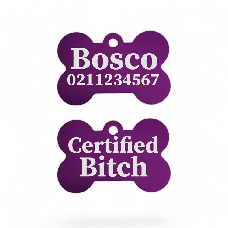 ⭐️Purr. Meow. Woof.⭐️ - Certified Bitch | Bone Aluminium | Dog ID Pet Tag - Purple