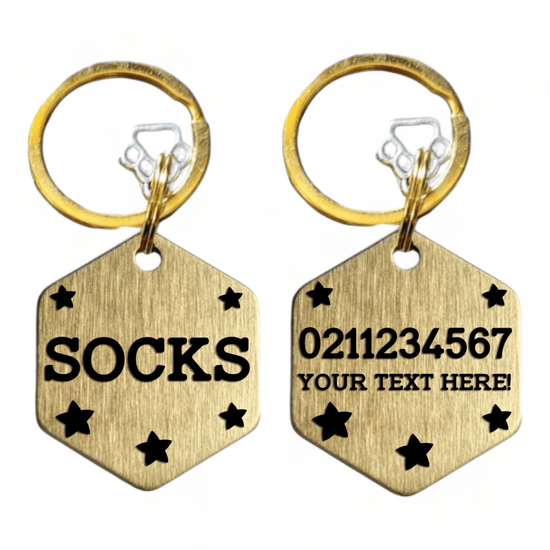 ⭐️Purr. Meow. Woof.⭐️ - Custom Text Bespoke Brass Hexagon Cat & Dog ID Pet Tag - Small (Cat)