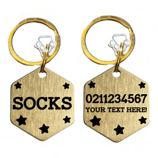 ⭐️Purr. Meow. Woof.⭐️ - Custom Text Bespoke Brass Hexagon Cat & Dog ID Pet Tag - Small (Cat)