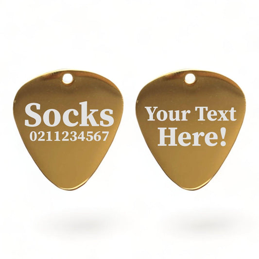 ⭐️Purr. Meow. Woof.⭐️ - Custom Text Guitar Pick | Mirror Stainless | Dog & Cat ID Pet Tag - Gold