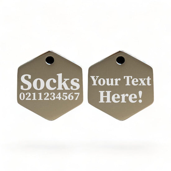 ⭐️Purr. Meow. Woof.⭐️ - Custom Text Mirror | Stainless Hexagon | Cat & Dog ID Pet Tag - Silver / Small (Cat)