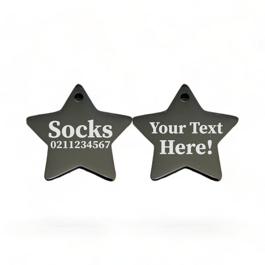 ⭐️Purr. Meow. Woof.⭐️ - Custom Text Mirror | Stainless Star | Dog & Cat ID Pet Tag - Black / Cat (Small)