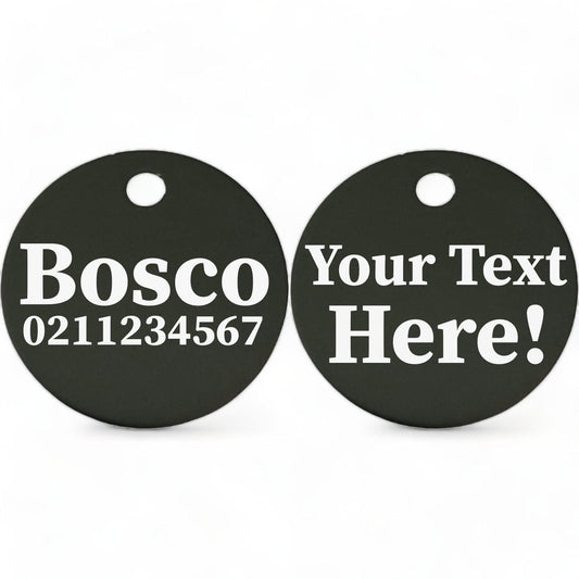 ⭐️Purr. Meow. Woof.⭐️ - Custom Text | Round Aluminium | Cat, Kitten & Dog ID Pet Tag - Black / Dog (Large)
