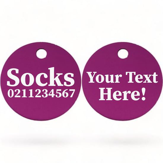 ⭐️Purr. Meow. Woof.⭐️ - Custom Text | Round Aluminium | Cat, Kitten & Dog ID Pet Tag - Purple / Cat (Small)