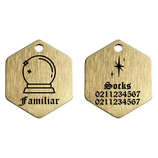 ⭐️Purr. Meow. Woof.⭐️ - Familiar Brass Hexagon Cat & Dog ID Pet Tag - Small