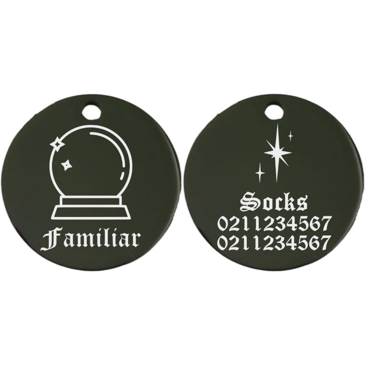 ⭐️Purr. Meow. Woof.⭐️ - Familiar Round | Mirror Stainless | Cat & Dog ID Pet Tag - Black / Small (Cat)
