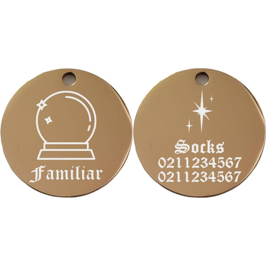 ⭐️Purr. Meow. Woof.⭐️ - Familiar Round | Mirror Stainless | Cat & Dog ID Pet Tag - BurlyWood / Small (Cat)