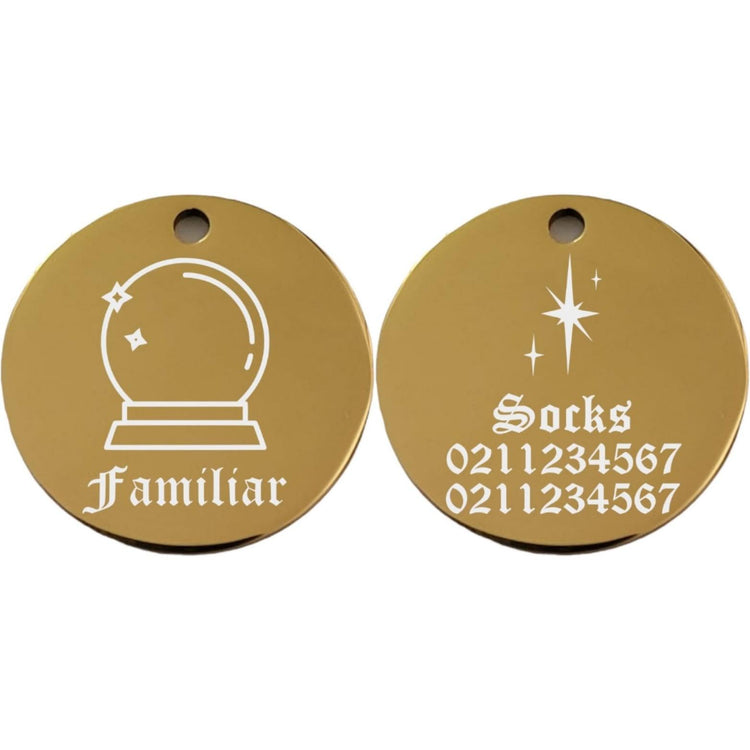 ⭐️Purr. Meow. Woof.⭐️ - Familiar Round | Mirror Stainless | Cat & Dog ID Pet Tag - Gold / Small (Cat)