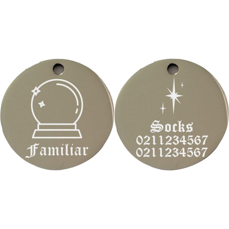 ⭐️Purr. Meow. Woof.⭐️ - Familiar Round | Mirror Stainless | Cat & Dog ID Pet Tag - Silver / Small (Cat)