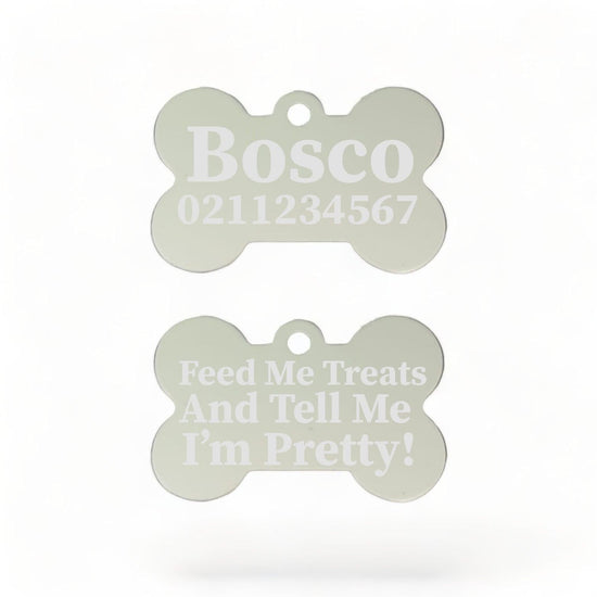 ⭐️Purr. Meow. Woof.⭐️ - Feed Me Treats & Tell Me I'm Pretty Dog | Bone Aluminium | Dog ID Pet Tag - Silver