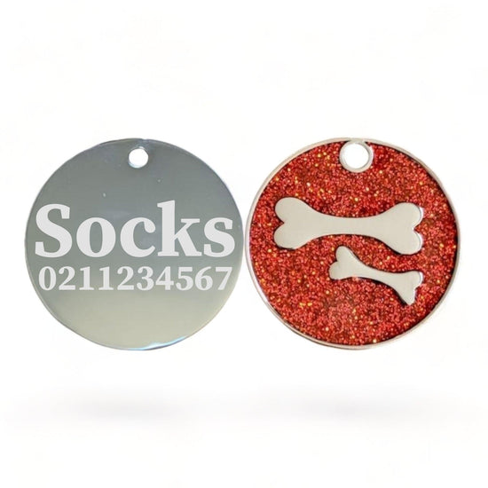 ⭐️Purr. Meow. Woof.⭐️ - Glitter Bone Round Dog ID Pet Tag - FireBrick