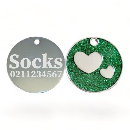 ⭐️Purr. Meow. Woof.⭐️ - Glitter Heart Round Cat & Dog ID Pet Tag - Green