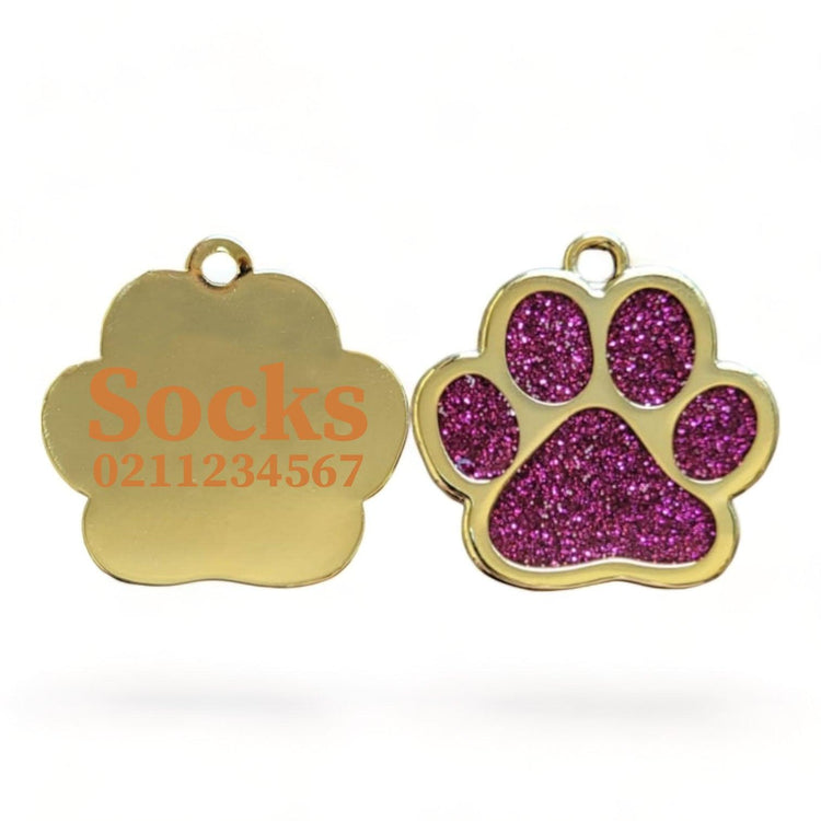 ⭐️Purr. Meow. Woof.⭐️ - Gold Paw Print Cat & Dog ID Pet Tag - DeepPink