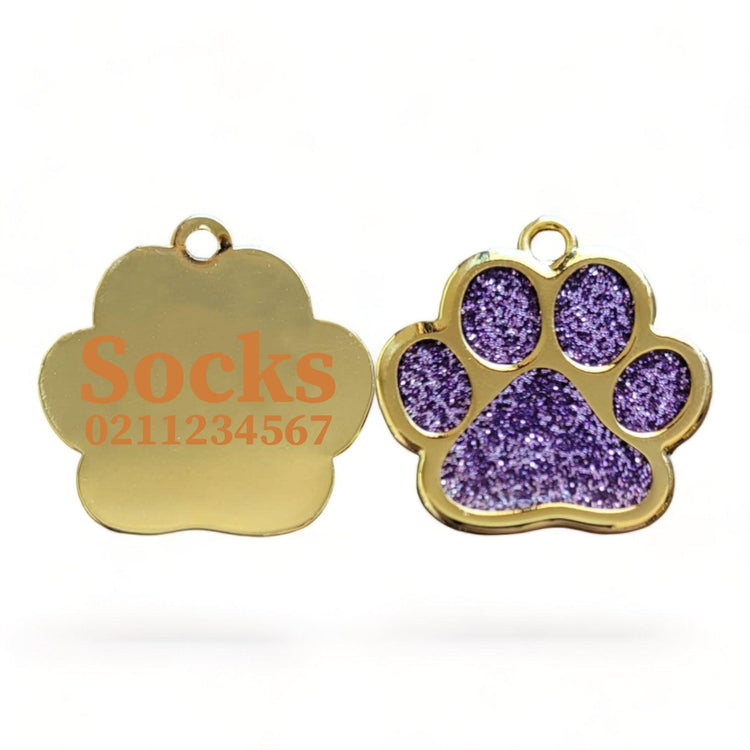 ⭐️Purr. Meow. Woof.⭐️ - Gold Paw Print Cat & Dog ID Pet Tag - Purple