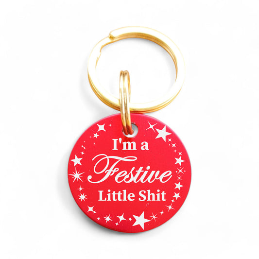 ⭐️Purr. Meow. Woof.⭐️ - I'm a Festive Little Shit | Round Aluminum | Pet ID Tag - Xmas Limited Edition - FireBrick / Cat (Small)