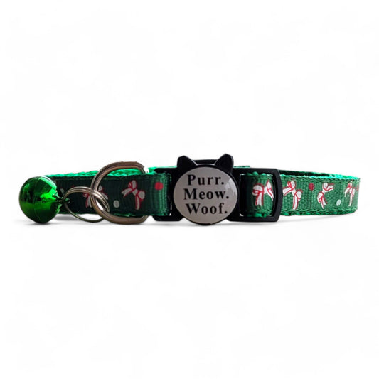 ⭐️Purr. Meow. Woof.⭐️ - Limited Edition Christmas Breakaway Safety Cat & Kitten Collar - Green Bows / Cat