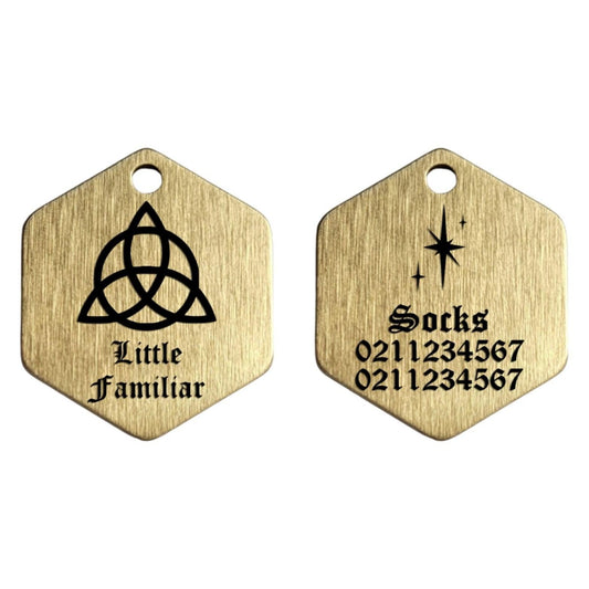 ⭐️Purr. Meow. Woof.⭐️ - Little Familiar Brass Hexagon Cat & Dog ID Pet Tag - Small