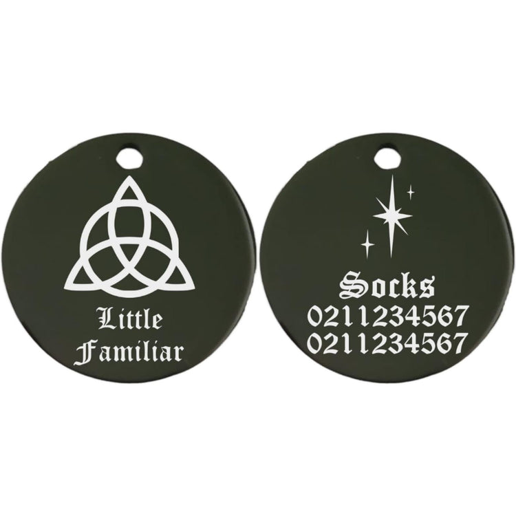 ⭐️Purr. Meow. Woof.⭐️ - Little Familiar Round | Mirror Stainless | Cat & Dog ID Pet Tag - Black / Small (Cat)