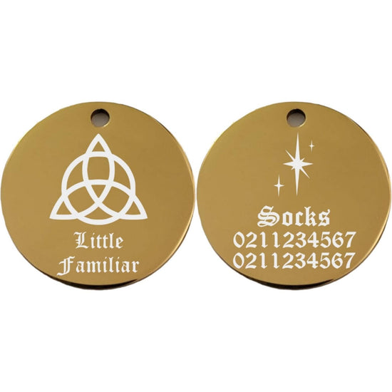 ⭐️Purr. Meow. Woof.⭐️ - Little Familiar Round | Mirror Stainless | Cat & Dog ID Pet Tag - Gold / Small (Cat)