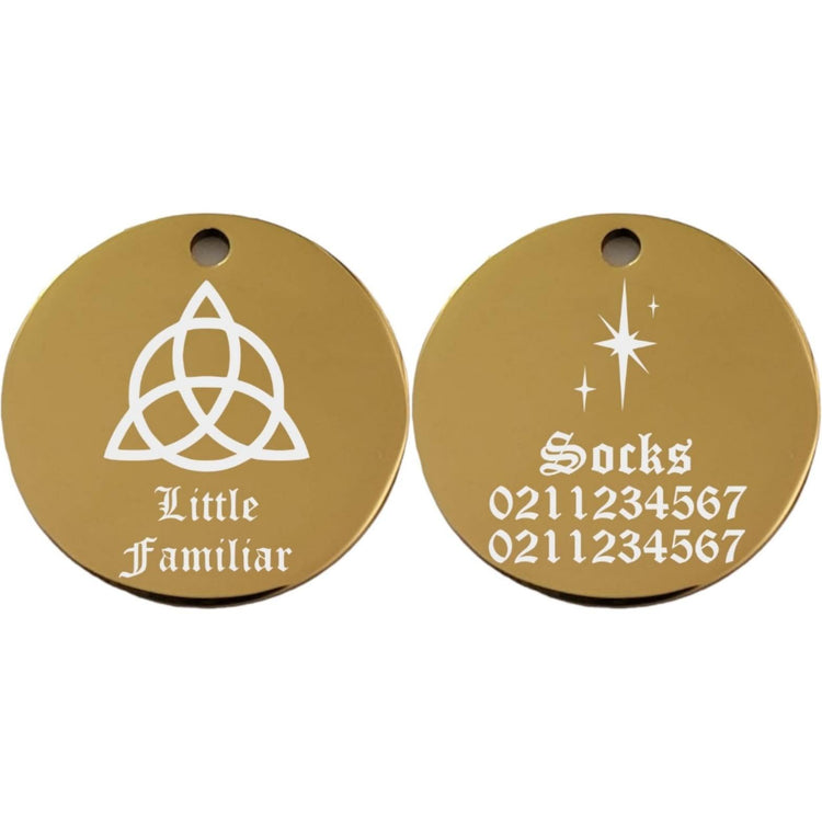 ⭐️Purr. Meow. Woof.⭐️ - Little Familiar Round | Mirror Stainless | Cat & Dog ID Pet Tag - Gold / Small (Cat)