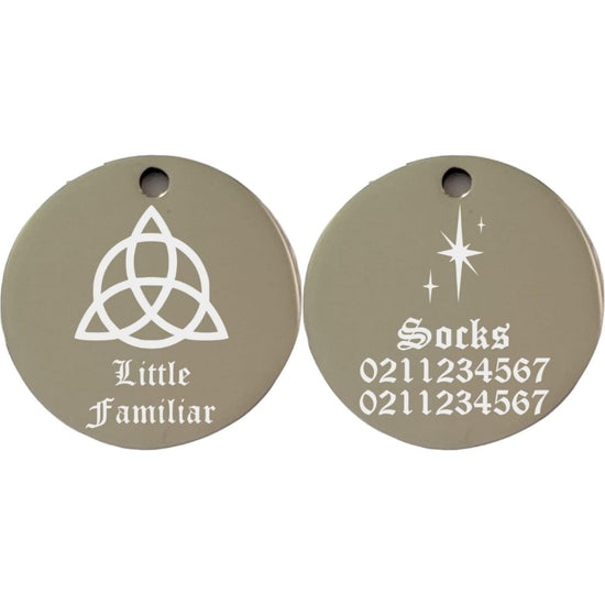 ⭐️Purr. Meow. Woof.⭐️ - Little Familiar Round | Mirror Stainless | Cat & Dog ID Pet Tag - Silver / Small (Cat)